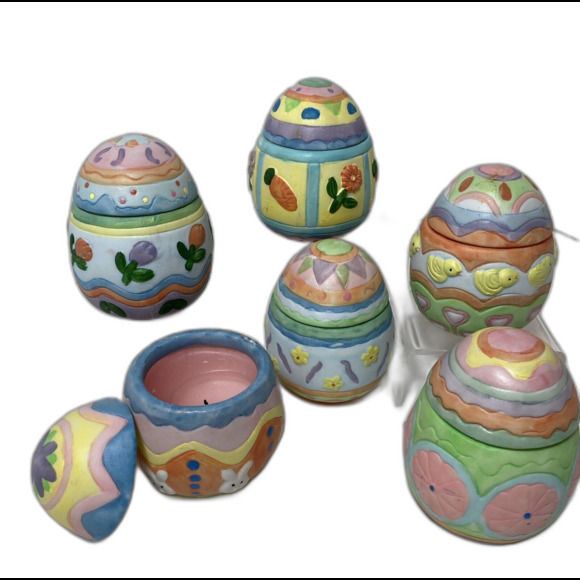 Set of 6 EASTER Egg Candles/lids Ceramic Hand Painted Assorted 2"x 3"OriginalBox - Picture 2 of 8